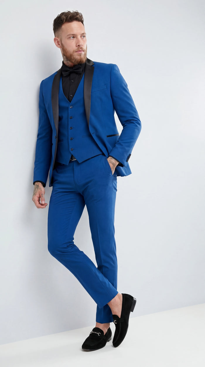 Men’s Royal Blue 3 Piece Suit with Black Lapel – Modern Formal Suit for Wedding, Prom and Party Wear