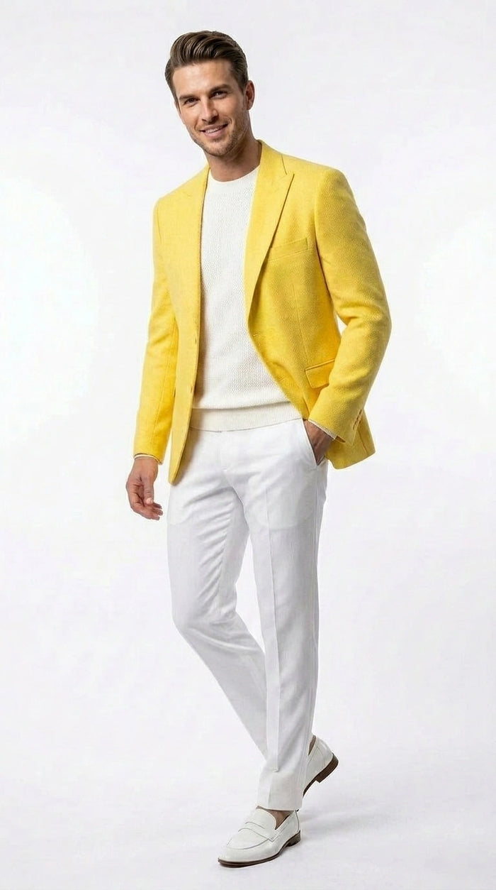 Zacci Brand Men’s Lemon Yellow Blazer Peak Lapel Hopsack Weave – Stylish Formal Blazer Jacket for Wedding, Party, Prom and Smart Casual Wear