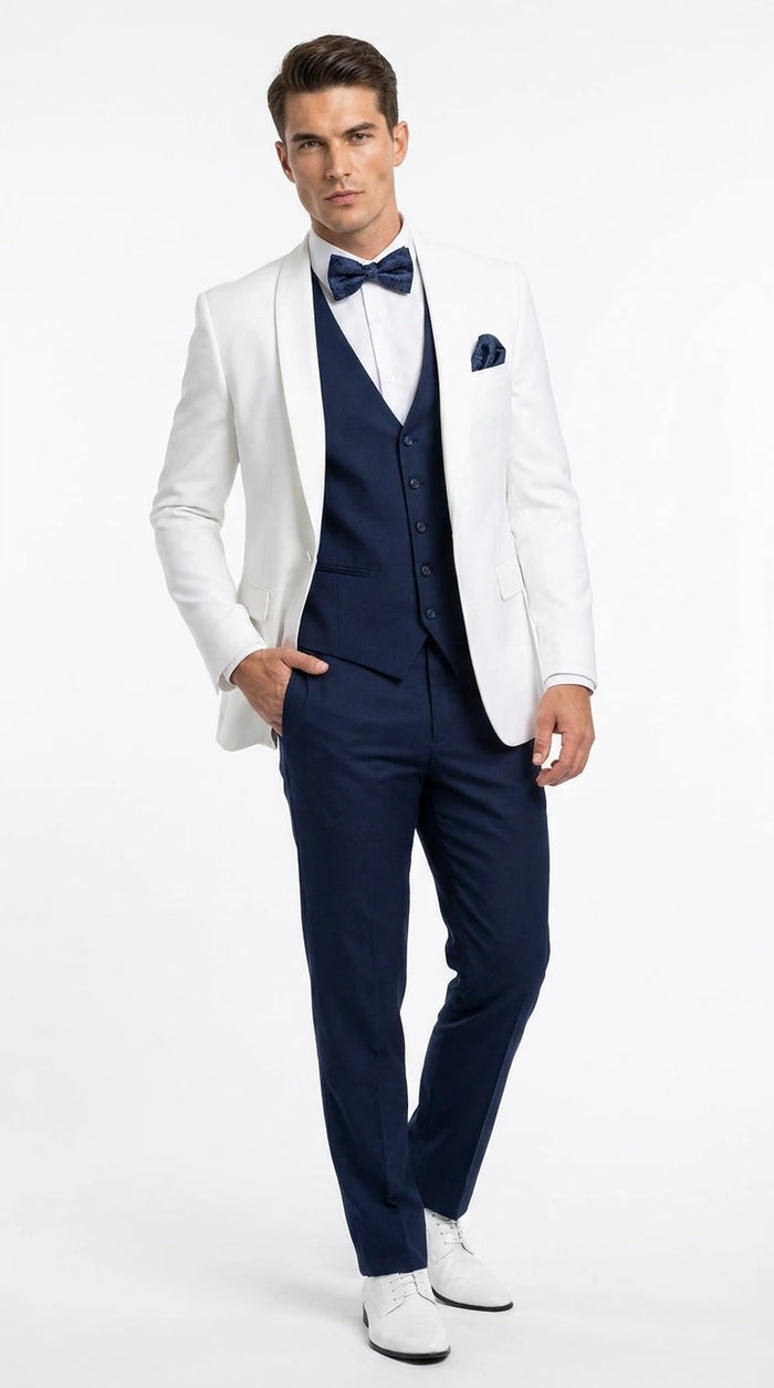 Men’s White and Navy blue tuxedo  3 Piece Suit – Classic White Blazer with Navy Vest and Pants for Wedding, Party + Bowtie
