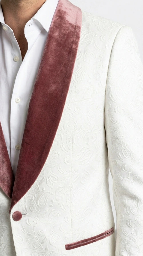 Men’s Ivory and Rose gold Floral Blazer – Elegant Shawl Lapel Formal Blazer Jacket for Wedding, Party, Prom
