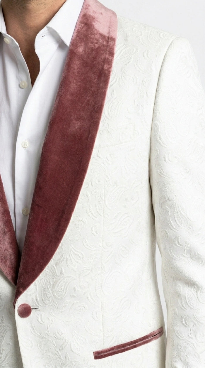 Men’s Ivory and Rose gold Floral Blazer – Elegant Shawl Lapel Formal Blazer Jacket for Wedding, Party, Prom