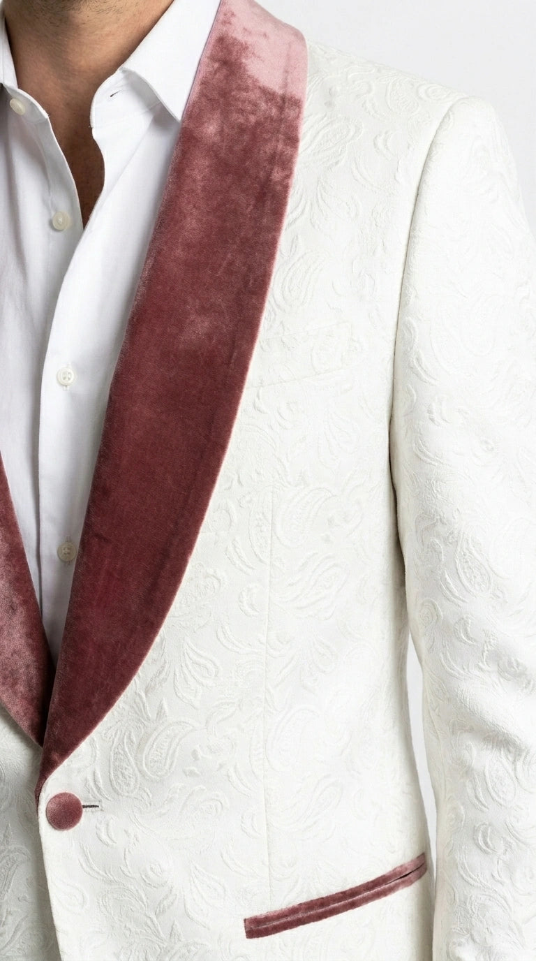 Men’s Ivory and Rose gold Floral Blazer – Elegant Shawl Lapel Formal Blazer Jacket for Wedding, Party, Prom - 36 Short