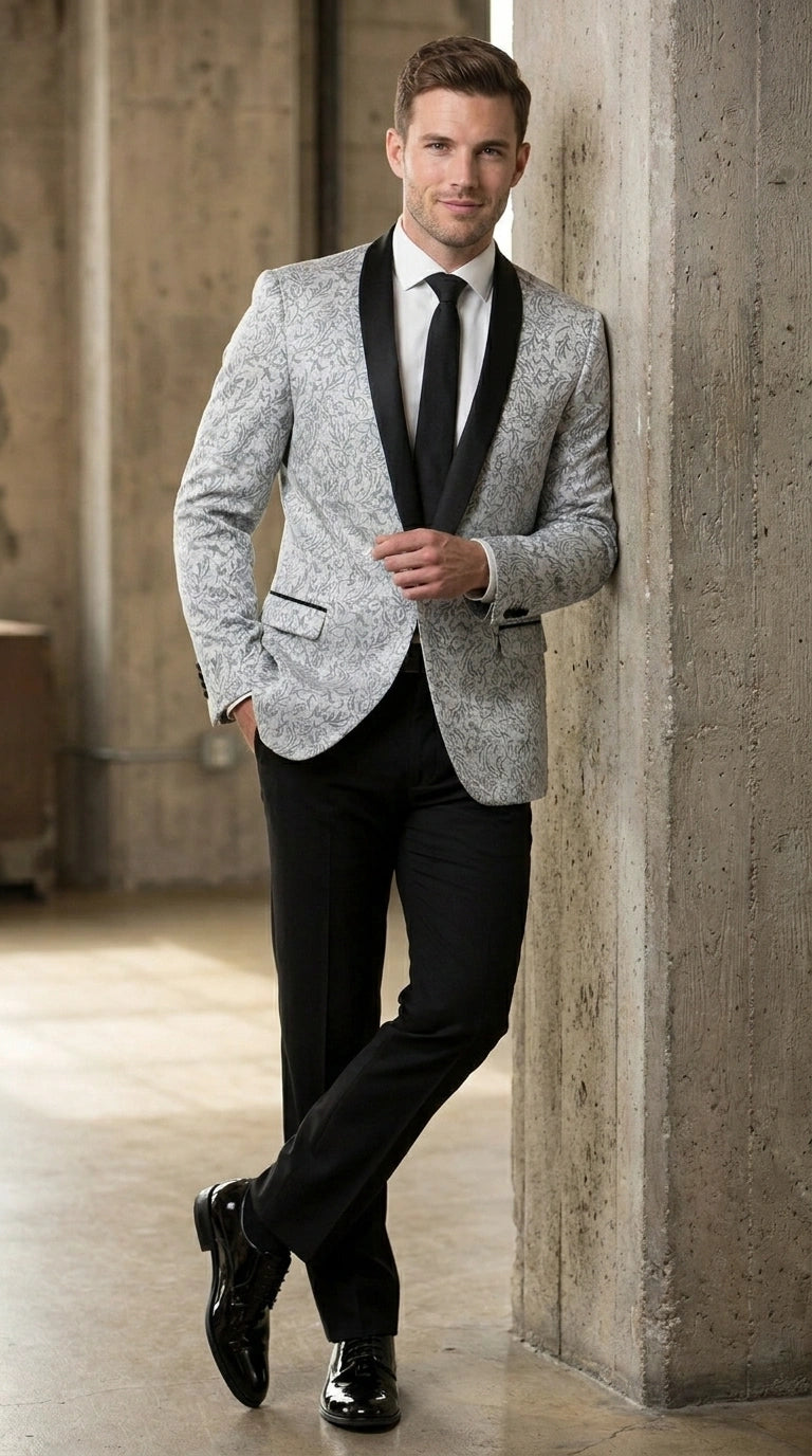 Men’s Silver and Black Floral Blazer – Elegant Formal Tuxedo Style Blazer Jacket for Wedding, Party, Prom and Evening Wear - 36R
