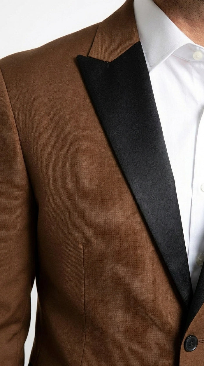 Men’s Light Brown Vested Piece Suit – Elegant Formal Suit with Contrast Lapel for Wedding, Party
