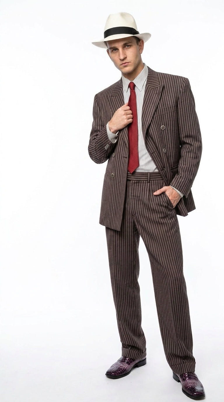 Men’s Brown Pinstripe Bonnie and Clyde Costume Suit – Vintage Gangster 1920s Outfit for Party, Halloween and Themed Events - 34 Short or Extra Small