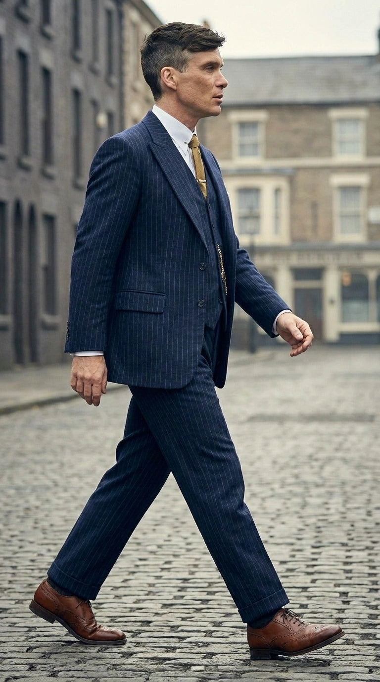 Men’s Navy Blue Pinstripe 3 Piece Suit, Thomas Shelby Inspired Vintage Formal Suit for Weddings, Parties, Prom, and Special Events - 34 Short or Extra Small
