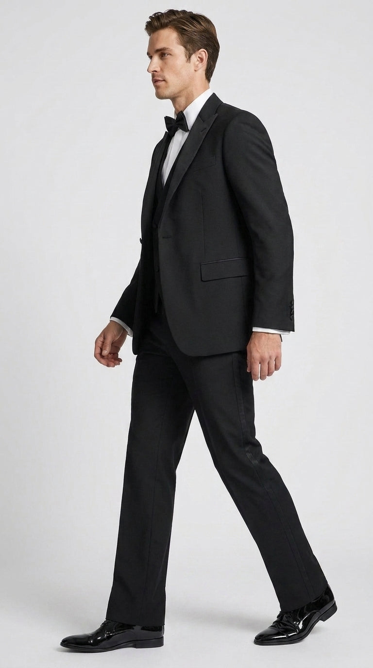 Men’s Black Boot Cut 3-Piece Tuxedo Suit – Peak Lapel Wedding, Prom and Formal Suit 1970s Style - 34 Short or Extra Small