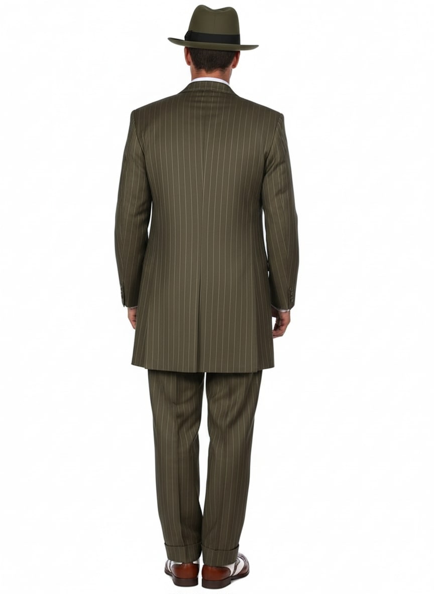 Mens Olive Green Pinstripe Zoot Suit â€“ 1920s Gangster Vintage 3-Piece Suit for Formal and Themed Events - 34 Short or Extra Small