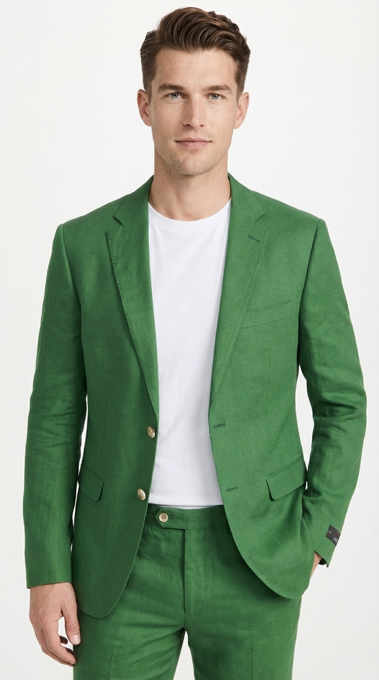 Men’s Emerald Green Linen Suit Set – Lightweight Summer Blazer and Pants, Casual Formal Summer Suit, Breathable Wedding Party Outfit - 34 Short or Extra Small