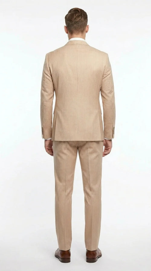 Vitali Men’s Tone on Tone Beige Pinstripe 2 Piece Suit, Double Breasted Summer Dress Suit for Weddings, Tan Beige Shadow Pinstripe