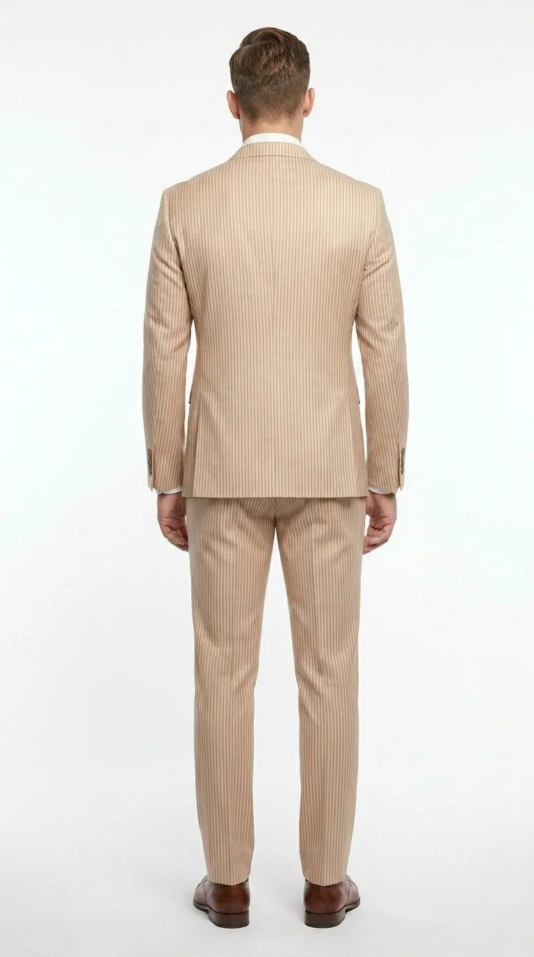Vitali Men’s Tone on Tone Beige Pinstripe 2 Piece Suit, Double Breasted Summer Dress Suit for Weddings, Tan Beige Shadow Pinstripe - 34 Short or Extra Small
