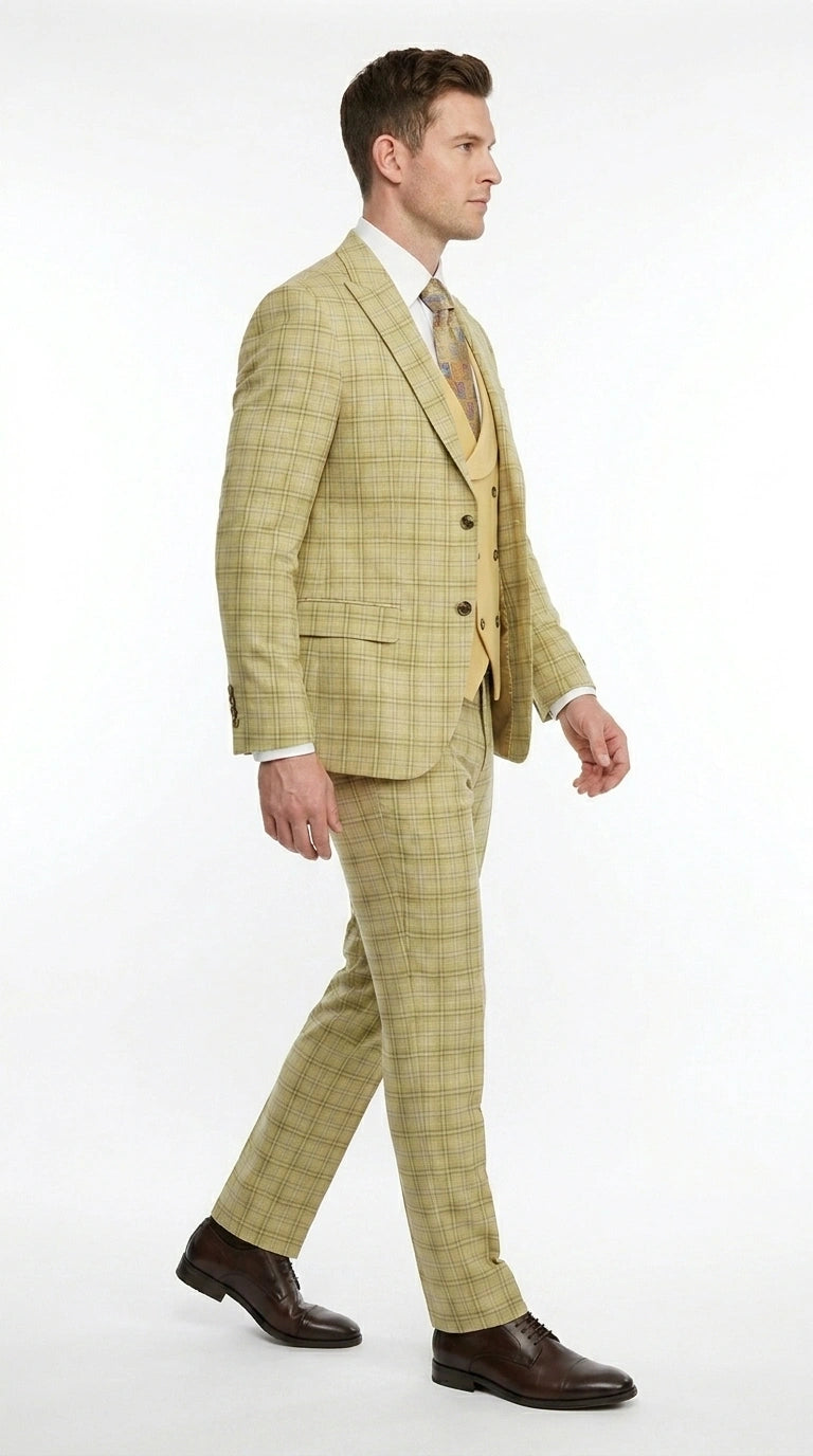 Vitali Men’s Sage Beige Tan Plaid 3 Piece Suit, Check Pattern Formal Dress Suit for Weddings, Prom, Business Events, Modern Fit Light Yellow Color - 34 Short or Extra Small