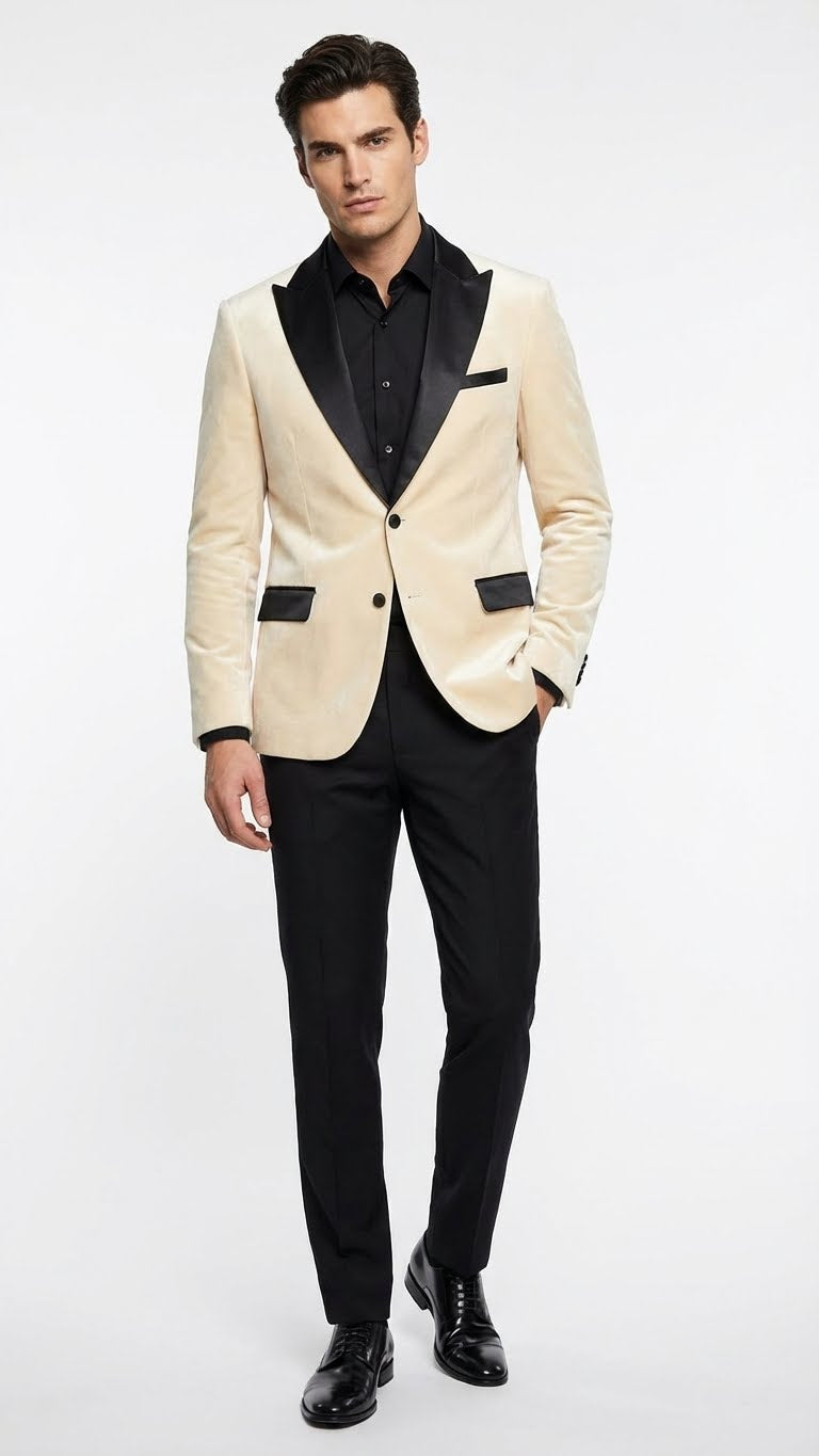 Men’s Ivory Dinner Jacket - Cream Velvet Blazer with Black Satin Lapel | Wedding and Party Formal Sport Coat in off white - S