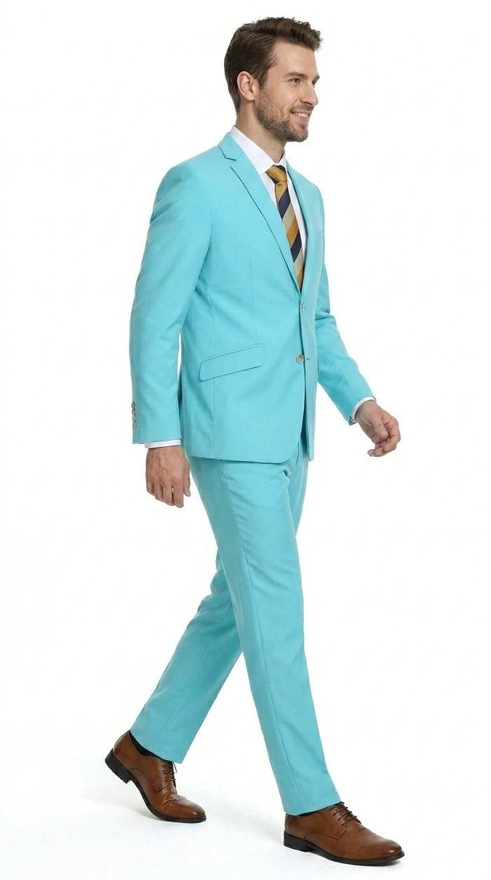 Men’s Aqua Blue 2 Piece 2 Button Suit, Formal Dress Suit for Weddings, Prom, Parties, Summer Events, Turquoise Light blue