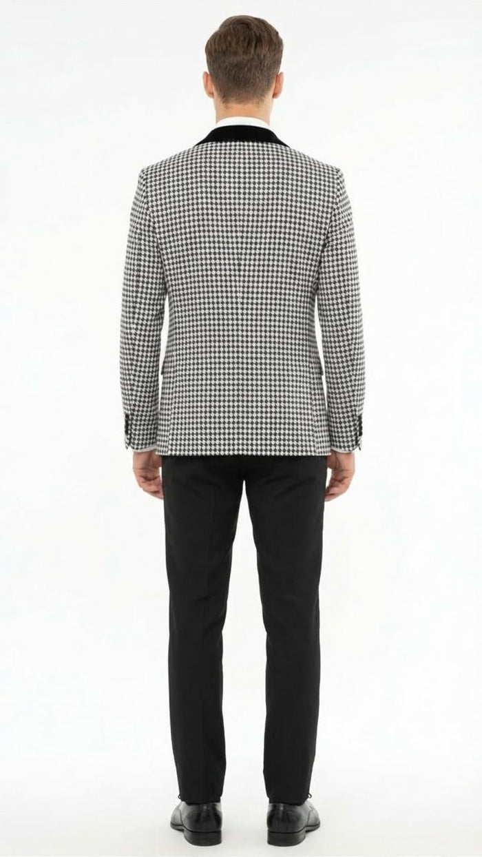 Mens Black and White Houndstooth Tuxedo Set with Velvet Shawl Lapel | 3-Piece Formal Suit with Double-Breasted Vest
