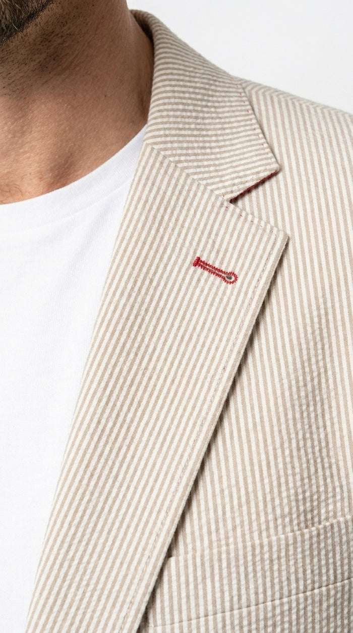 Men’s Beige Seersucker Summer Blazer, Lightweight Striped Sport Coat for Weddings, Parties, Beach Events in Tan Color