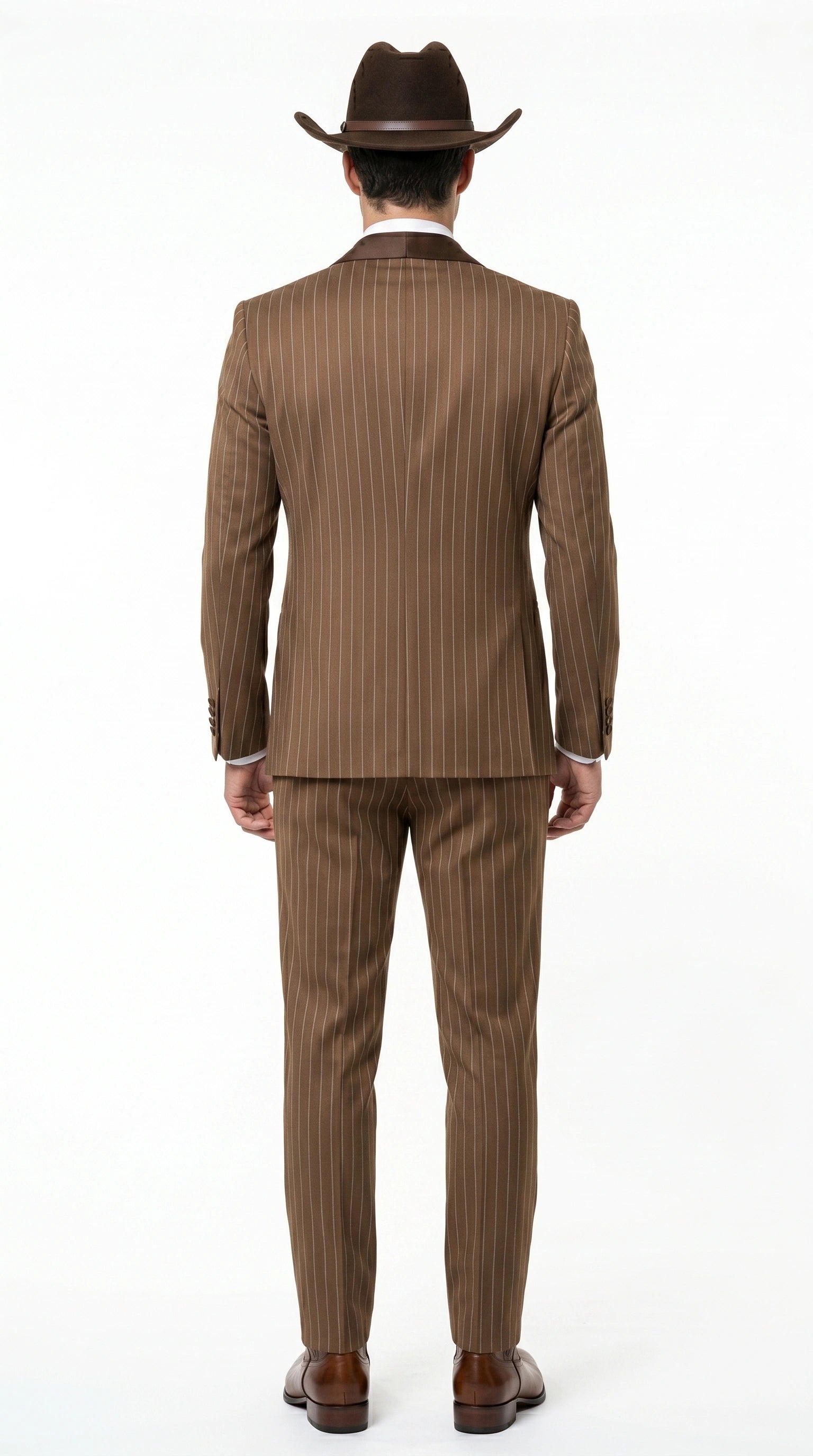 Men’s Brown Pinstripe Western Cowboy Tuxedo, Contrast Shawl Lapel Formal Suit for Weddings, Prom, Parties, and Special Occasions - 34 Short or Extra Small