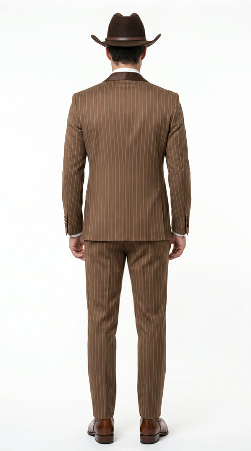Men’s Brown Pinstripe Western Cowboy Tuxedo, Contrast Shawl Lapel Formal Suit for Weddings, Prom, Parties, and Special Occasions
