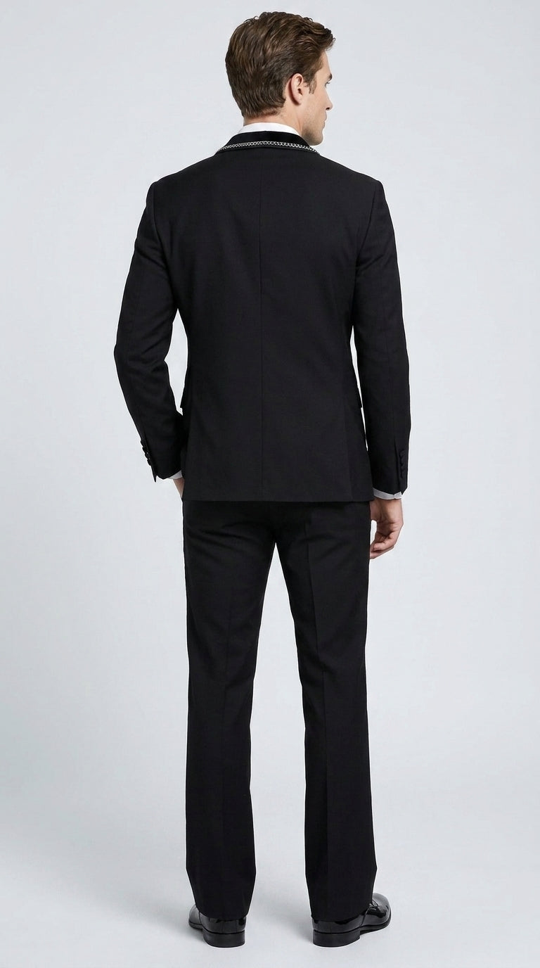 Men’s 1970s Style Black Boot Cut Tuxedo Suit – Shawl Lapel Wedding, Prom and Formal 2-Piece Suit - 34 Short or Extra Small