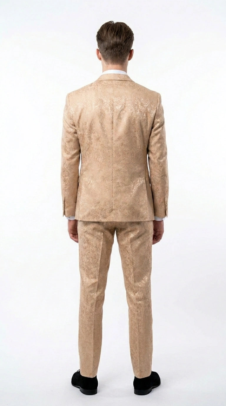 Men’s Champagne Gold Paisley Prom Tuxedo, Formal Dinner Suit for Prom, Weddings, Parties in Tan Color - 34 Short or Extra Small