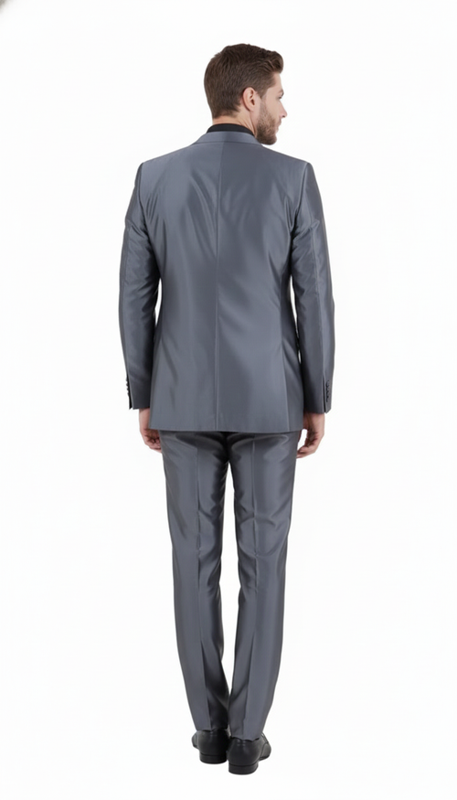 Mens Dark Grey Shiny Two-Piece Suit Slim Fitted Formal Jacket and Tailored Pants - Sateen Metalic in Charcoal Gray Color