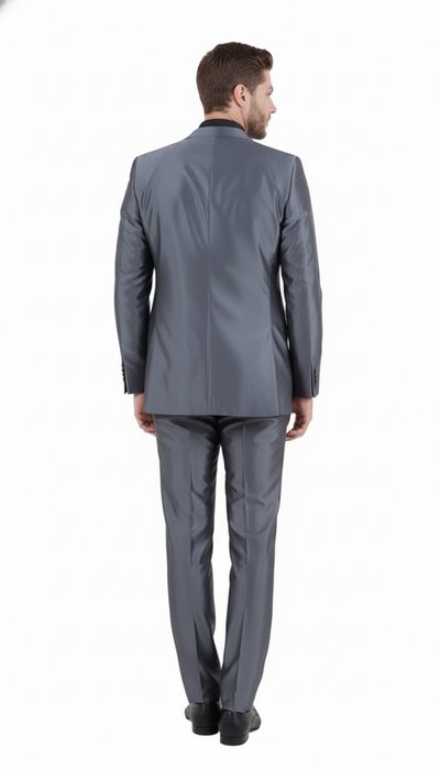 Mens Dark Grey Shiny Two-Piece Suit Slim Fitted Formal Jacket and Tailored Pants - Sateen Metalic in Charcoal Gray Color