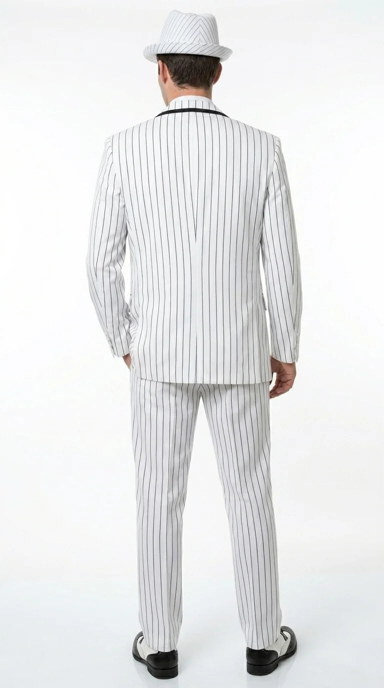 Men’s White Pinstripe 1920s Gangster 3 Piece Suit, Black Contrast Formal Costume Suit for Parties, Prom, Weddings, and Theme Events - 34 Short or Extra Small