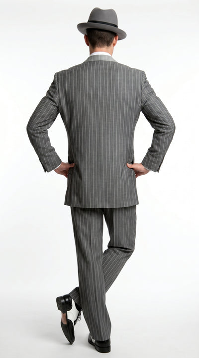 Men’s Grey Pinstripe 1920s Gangster 3 Piece Suit, Contrast Lapel Vintage Formal Suit for Parties, Prom, Weddings, and Theme Events