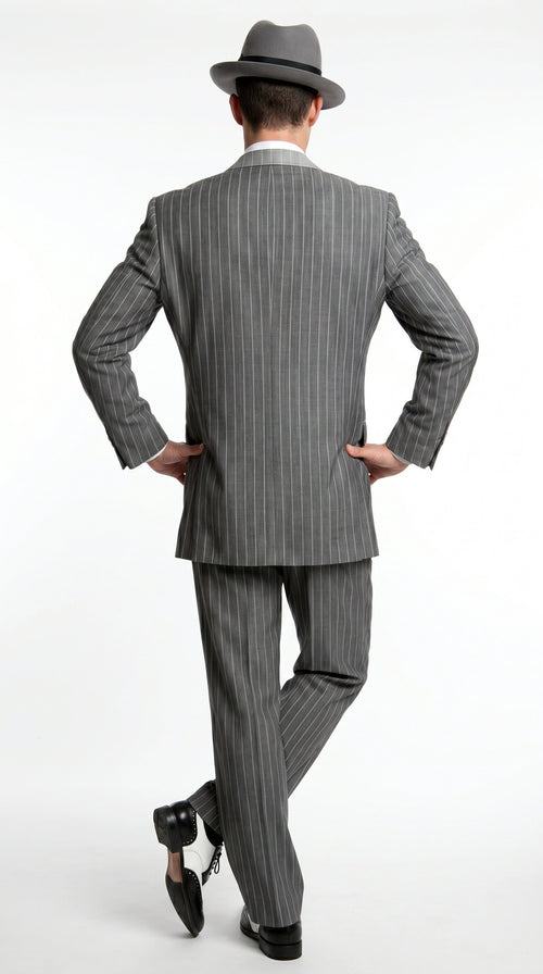 Men’s Grey Pinstripe 1920s Gangster 3 Piece Suit, Contrast Lapel Vintage Formal Suit for Parties, Prom, Weddings, and Theme Events