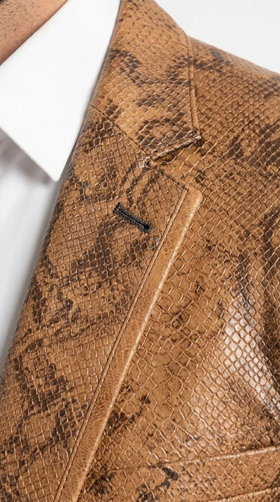 Men’s Tan Snakeskin Print Blazer, Brown Sport Coat Camel Alligator Crocodile Animal Print leopard Jacket