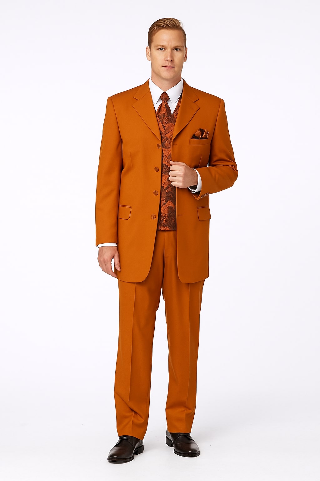 Mens Rust 3-Piece Fashion Suit – Notch Lapel with Paisley Vest, Tie and Pocket Square - Zoot Suit - 40