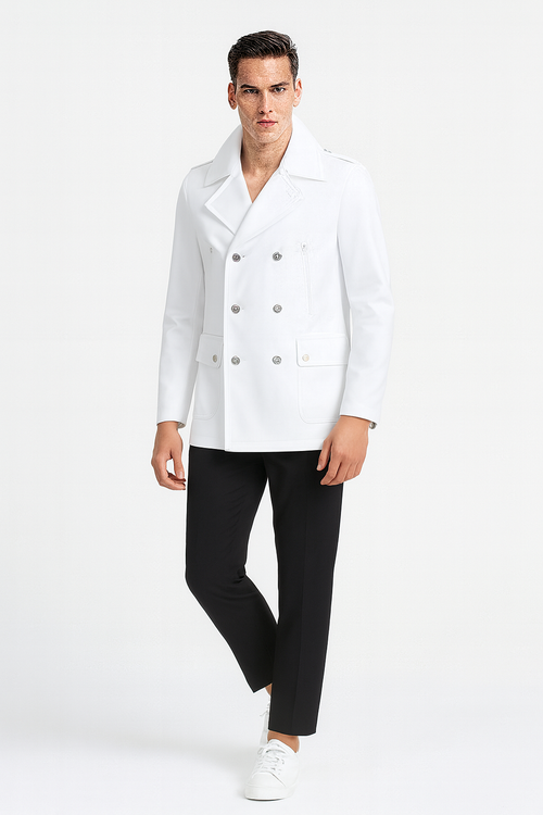 Mens White Double-Breasted Peacoat Jacket – Classic Stylish Outerwear Wool Fabric Slim Fitted