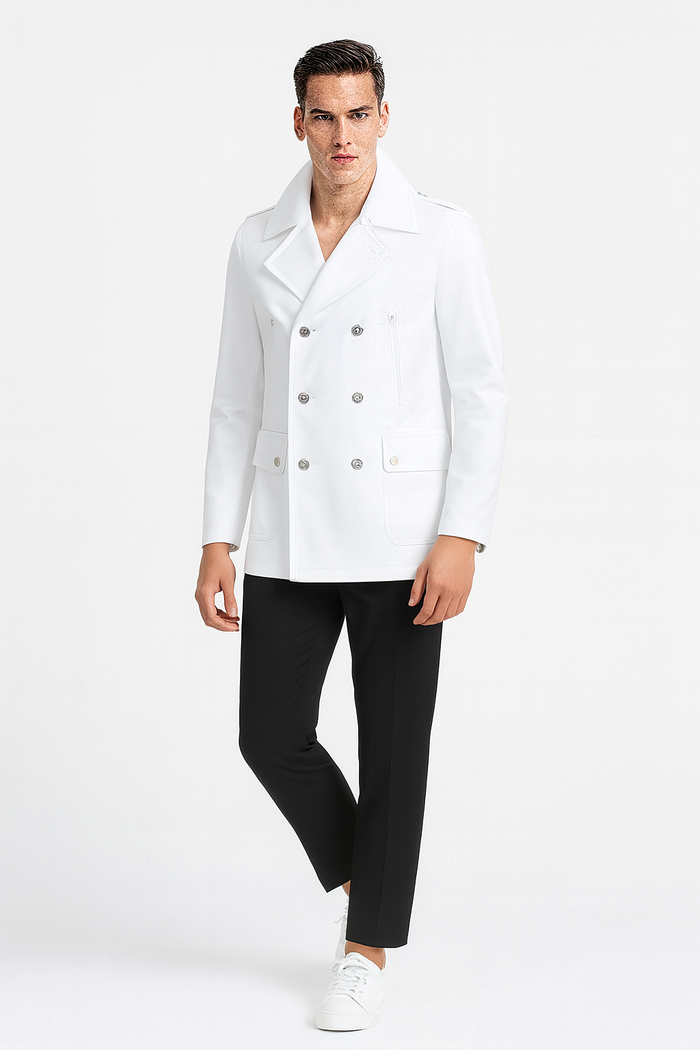 Mens White Double-Breasted Peacoat Jacket – Classic Stylish Outerwear Wool Fabric Slim Fitted