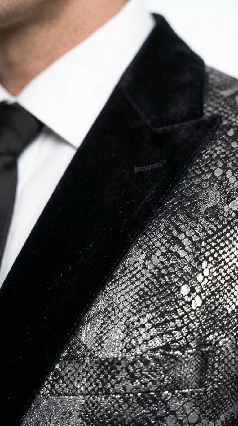Men’s Black and Charcoal Gray Snakeskin Print Blazer, Animial Exotic Skin Alligator Crocodile Texture - 36 Short