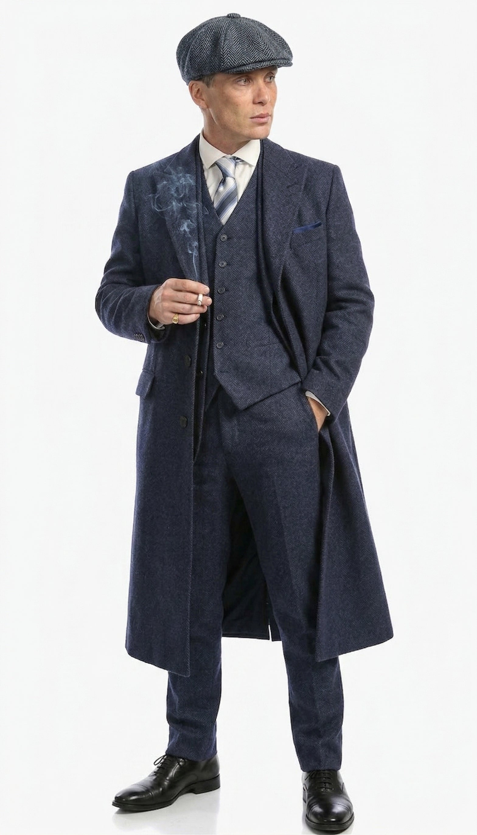 Men’s Navy Blue Herringbone Tweed  1920s 3 Piece Suit with Overcoat – Vintage Peaky Blinder Style Formal Suit Set with Blazer, Waistcoat + Overcoat + Hat - Navy Blue
