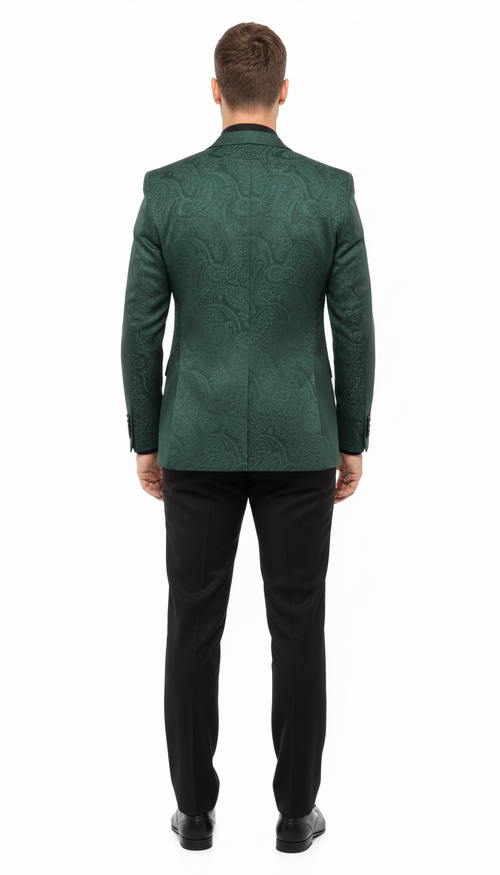 Mens Emerald Green Paisley Tuxedo 3-Piece Suit Slim Fit Formal Blazer, Vest, and Pants for Weddings, Proms
