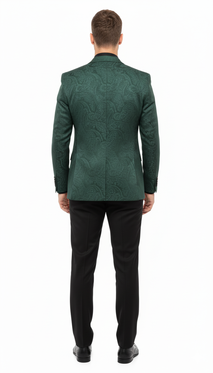 Mens Emerald Green Paisley Tuxedo 3-Piece Suit Slim Fit Formal Blazer, Vest, and Pants for Weddings, Proms