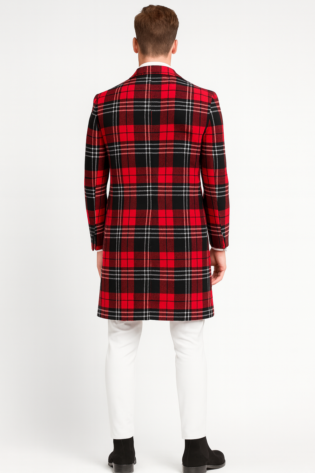Men’s Red Plaid Wool Overcoat – Classic Tartan Check Long Coat for Stylish Winter Wear - Coat Size 38