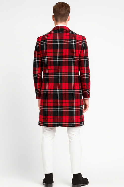 Mens Red Plaid Wool Overcoat Classic Tartan Check Long Coat for Stylish Winter Wear