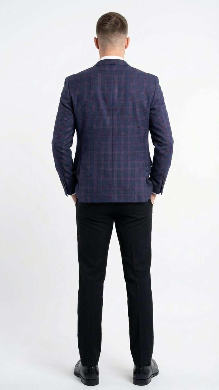Men’s Big and Tall Navy Blue with Burgundy Plaid Jacket and Sport Coat – Wool Blazer - 36 Short