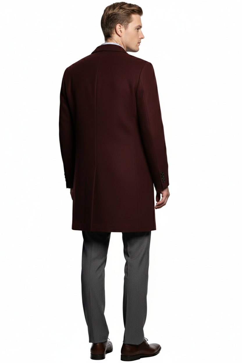Men’s Burgundy Wool and Cashmere Car Coat – Classic Winter Topcoat for Business and Formal Wear - Coat Size 38