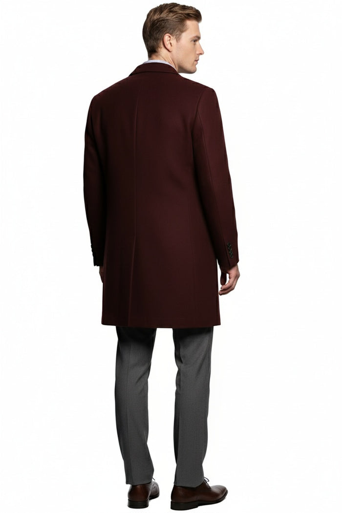 Mens Burgundy Wool and Cashmere Car Coat Classic Winter Topcoat for Business and Formal Wear