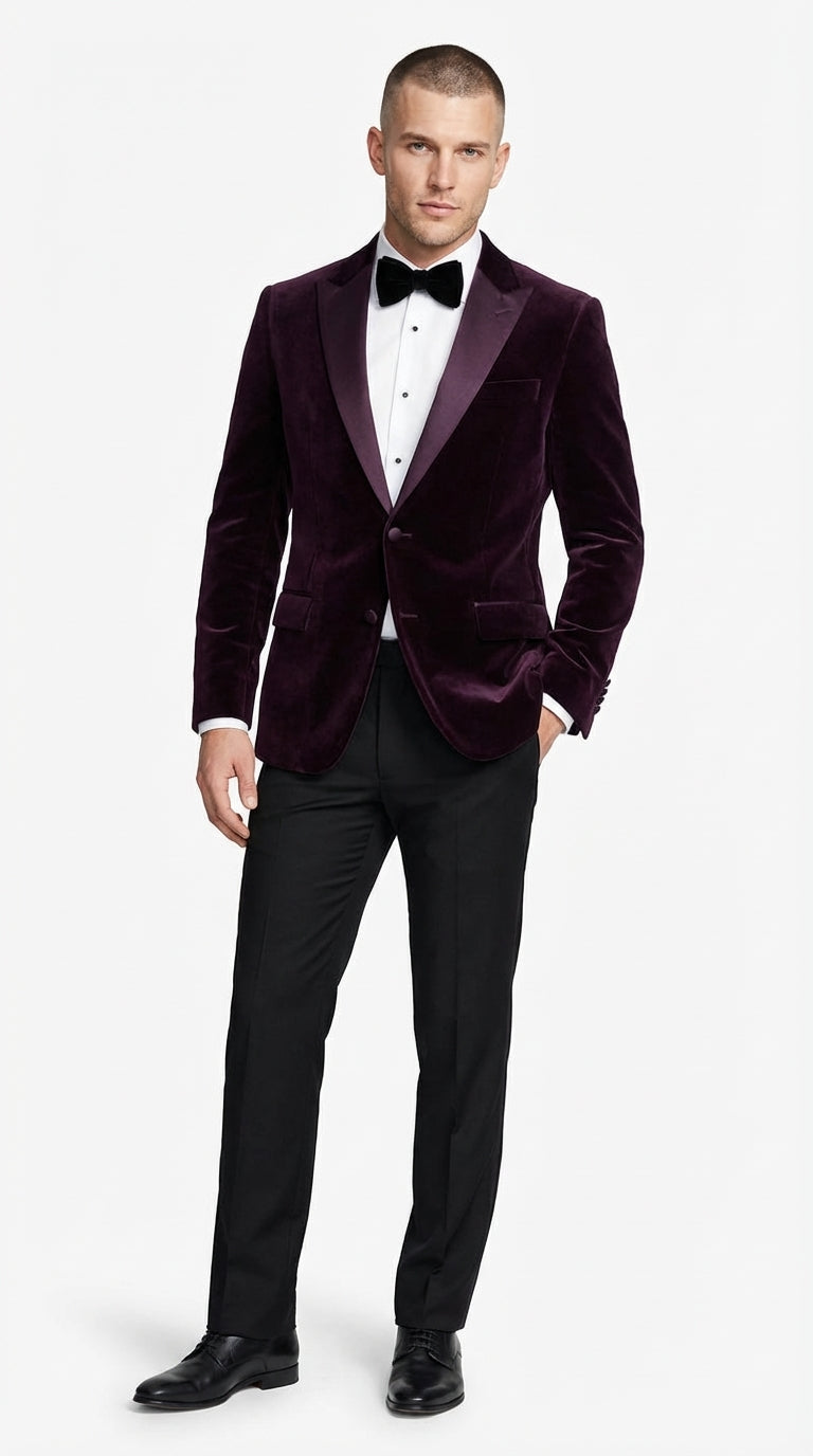 Mens Plum Eggplant Velvet Blazer Jacket – Luxury Velvet Dinner Jacket for Wedding, Tuxedo Events, Formal Parties in Burgundy Color - 36 Short