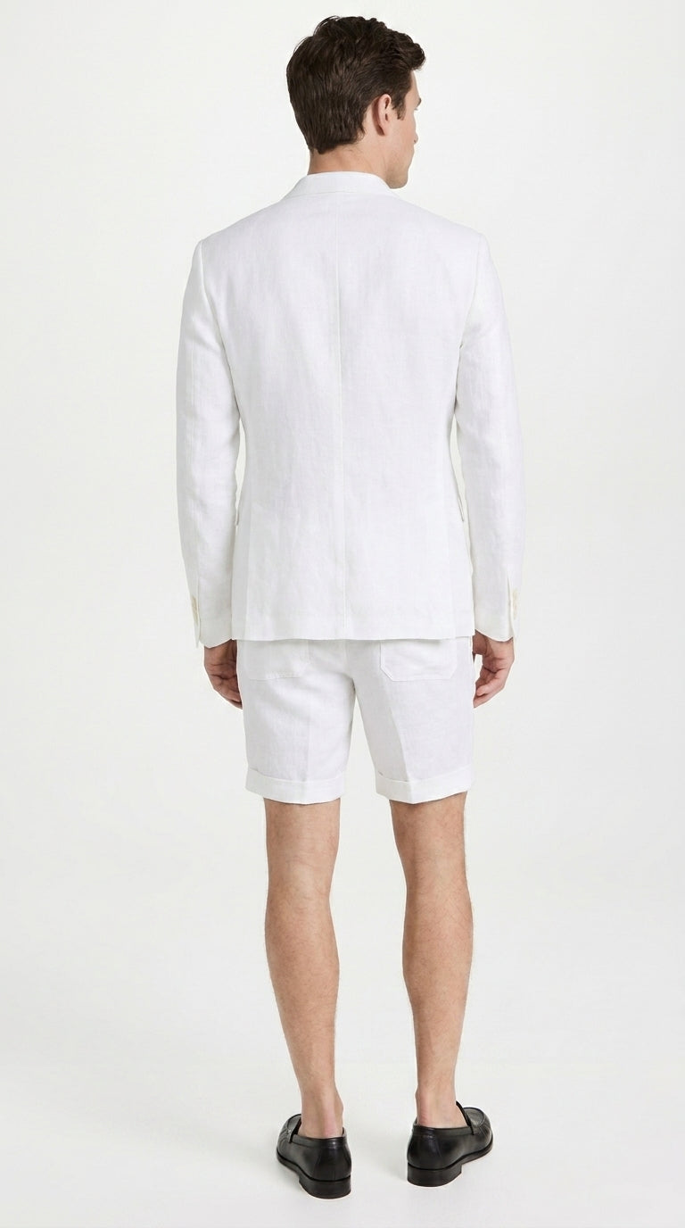 Men’s White Summer Suit with Shorts, 2 Piece Linen Style Wedding Beach Short Suit Set double breasted style - 34 Short or Extra Small