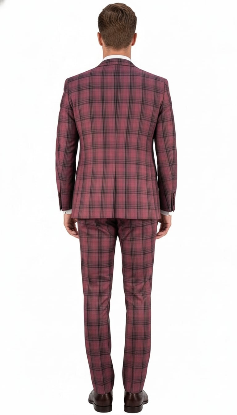 Mens Red Burgundy Plaid 3-Piece Suit – Classic Checkered Modern Fit Suit for Weddings, Church and Formal Events - 34 Short or Extra Small