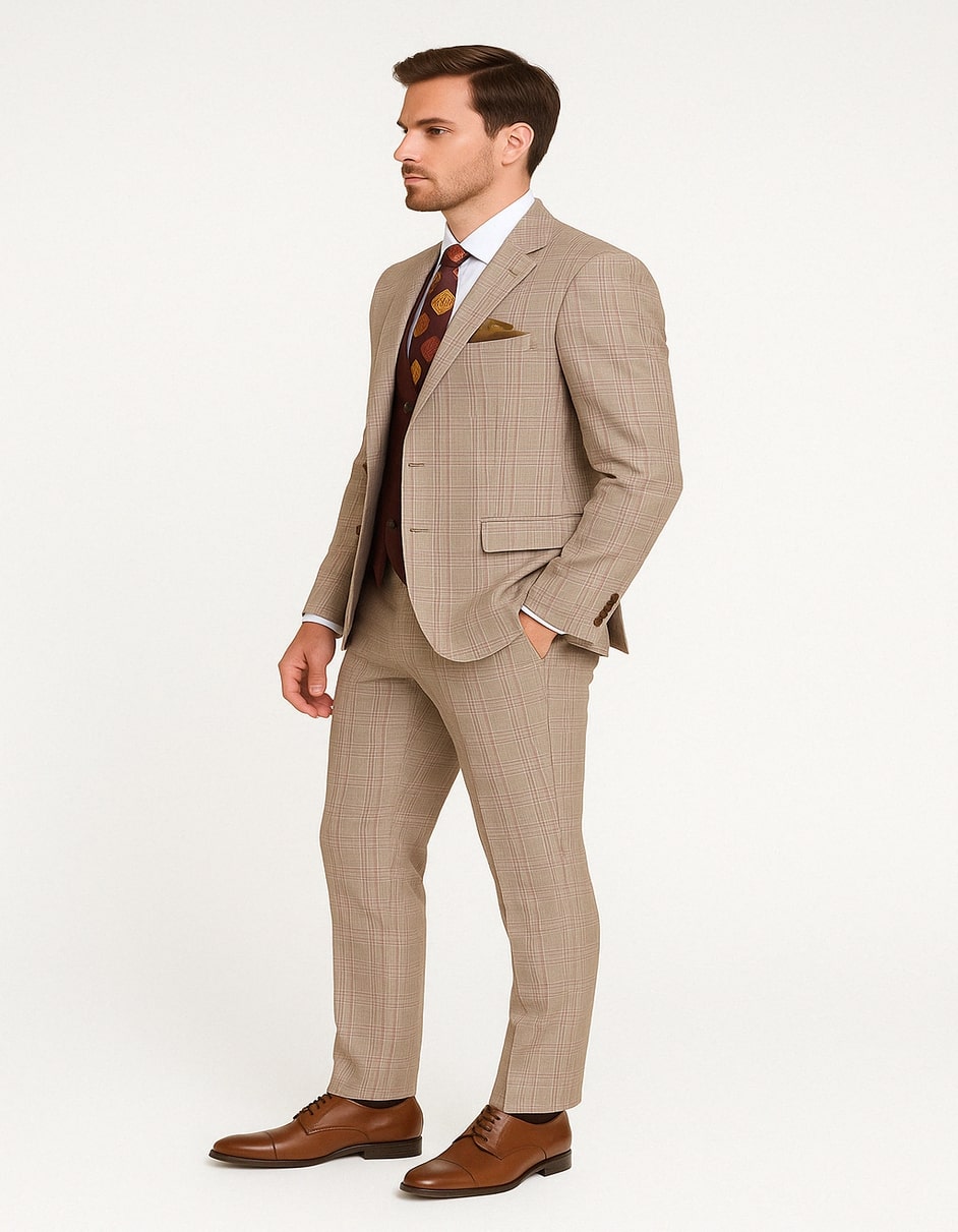 Men's Light Brown Plaid Suit with Burgundy Vest and Colorful Floral Tie â€“ 3 Piece Set - Taupe Windowpane Pattern - 34 Short or Extra Small