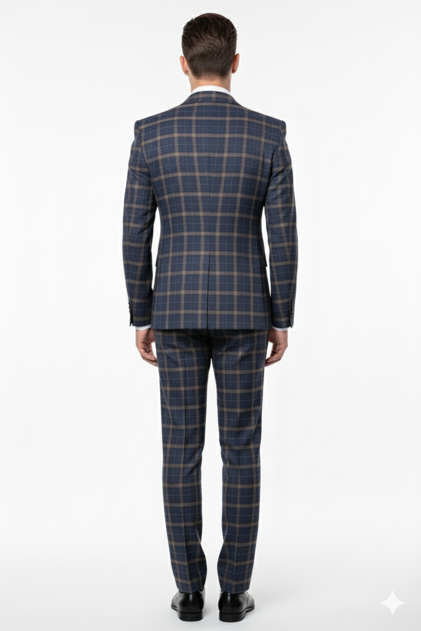 Men’s Navy and Tan Windowpane Double-Breasted Suit | Classic 2-Piece Plaid Dress Suit, Business, and Formal Events By Rossiman - 34 Short or Extra Small