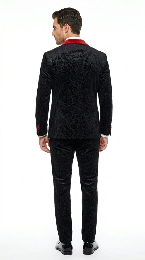 Men’s Black Paisley 2 Piece Suit with Red Shawl Lapel, Formal Wedding Prom Party Suit Set