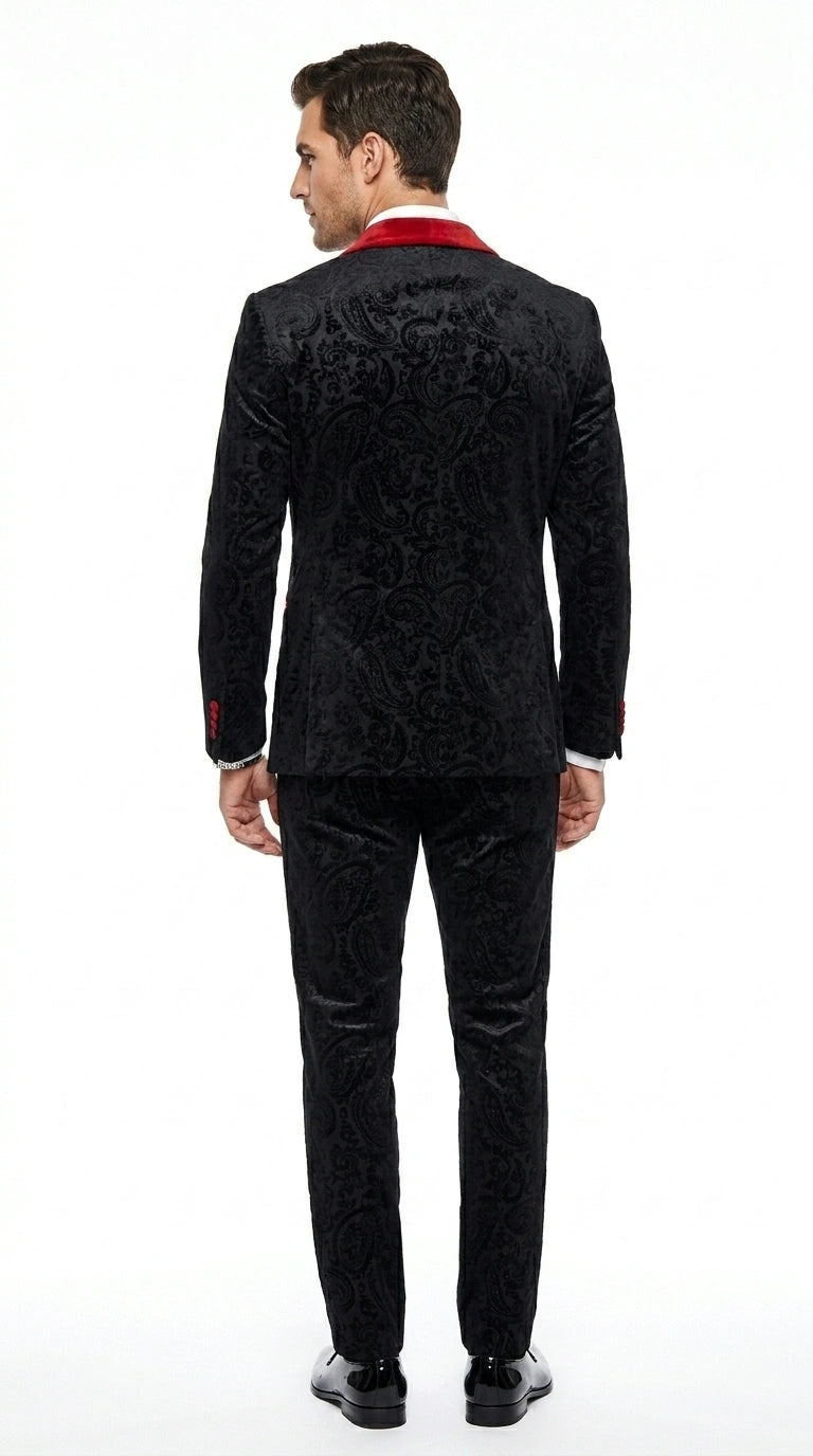 Men’s Black Paisley 2 Piece Suit with Red Shawl Lapel, Formal Wedding Prom Party Suit Set - 34 Short or Extra Small