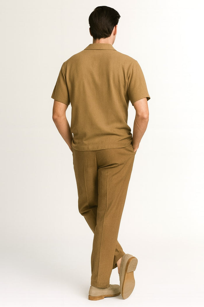 Mens Mocha Brown Short Sleeve Knit Walking Suit Two-Piece Casual Button Down Set in Taupe Coffee Color